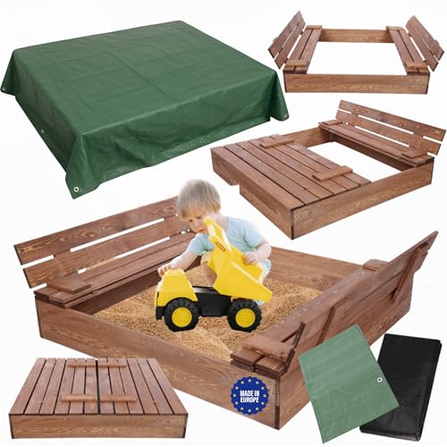 MODO24 Sandkasten mit Deckel, Sitzbänken und Schutzplane, Holzsandkasten, Gartenspielzeug für Kinder, Sandkasten für Garten, Outdoor Sandkasten, Abmessungen 120x117 cm, Farbe: Braun (imprägniert) von MODO24