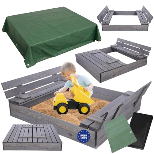 MODO24 Sandkasten mit Deckel, Sitzbänken und Schutzplane, Holzsandkasten, Gartenspielzeug für Kinder, Sandkasten für Garten, Outdoor Sandkasten, Abmessungen 120x117 cm, Farbe: Grau (imprägniert) von MODO24