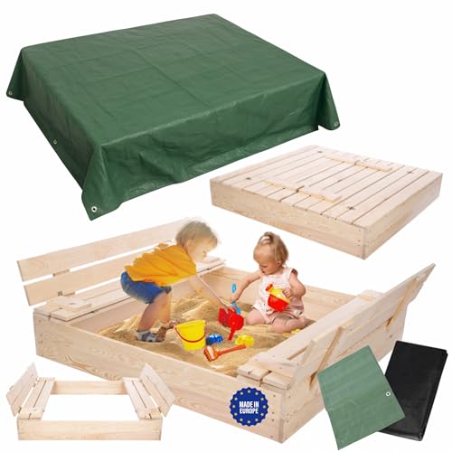MODO24 Sandkasten mit Deckel, Sitzbänken und Schutzplane, Holzsandkasten, Gartenspielzeug für Kinder, Sandkasten für Garten, Outdoor Sandkasten, Abmessungen 120x117 cm, Farbe: Naturholz (imprägniert) MODO24 Sandkasten mit Deckel, Sitzbänken und Schutzplane, Holzsandkasten, Gartenspielzeug für Kinder, Sandkasten für Garten, Outdoor Sandkasten, Abmessungen 120x117 cm, Farbe: Naturholz (imprägniert) von MODO24
