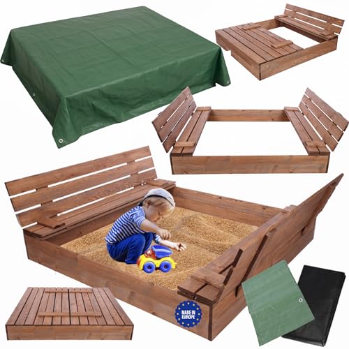 MODO24 Sandkasten mit Deckel, Sitzbänken und Schutzplane, Holzsandkasten, Gartenspielzeug für Kinder, Sandkasten für Garten, Outdoor Sandkasten, Abmessungen 140x137 cm, Farbe: Braun (imprägniert) von MODO24