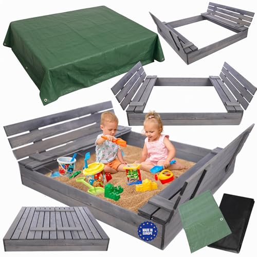 MODO24 Sandkasten mit Deckel, Sitzbänken und Schutzplane, Holzsandkasten, Gartenspielzeug für Kinder, Sandkasten für Garten, Outdoor Sandkasten, Abmessungen 140x137 cm, Farbe: Grau (imprägniert) von MODO24