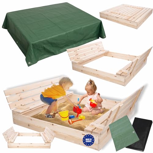 MODO24 Sandkasten mit Deckel, Sitzbänken und Schutzplane, Holzsandkasten, Gartenspielzeug für Kinder, Sandkasten für Garten, Outdoor Sandkasten, Abmessungen 140x137 cm, Farbe: Naturholz (imprägniert) MODO24 Sandkasten mit Deckel, Sitzbänken und Schutzplane, Holzsandkasten, Gartenspielzeug für Kinder, Sandkasten für Garten, Outdoor Sandkasten, Abmessungen 140x137 cm, Farbe: Naturholz (imprägniert) von MODO24
