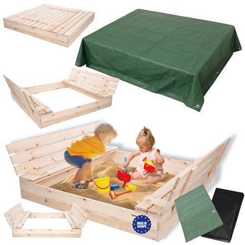 MODO24 Sandkasten mit Deckel, Sitzbänken und Schutzplane, Holzsandkasten, Gartenspielzeug für Kinder, Sandkasten für Garten, Outdoor Sandkasten, Abmessungen 140x137 cm, Farbe: Naturholz (unbehandelt) MODO24 Sandkasten mit Deckel, Sitzbänken und Schutzplane, Holzsandkasten, Gartenspielzeug für Kinder, Sandkasten für Garten, Outdoor Sandkasten, Abmessungen 140x137 cm, Farbe: Naturholz (unbehandelt) von MODO24