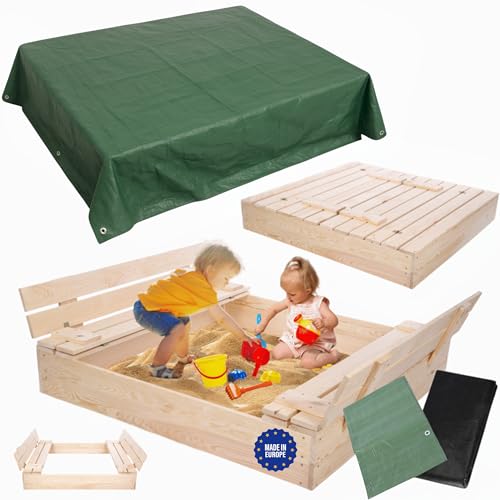 MODO24 Sandkasten mit Deckel, Sitzbänken und Schutzplane, Holzsandkasten, Gartenspielzeug für Kinder, Sandkasten für Garten, Outdoor Sandkasten mit Bänken, Abmessungen 120x117 cm, Farbe: Naturholz von MODO24