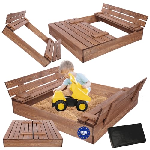 MODO24 Sandkasten mit Deckel und Sitzbänken, Holzsandkasten, Gartenspielzeug für Kinder, Sandkasten für Garten, Outdoor Sandkasten mit Bänken, Abmessungen 120x117 cm, Farbe: Braun (imprägniert) von MODO24