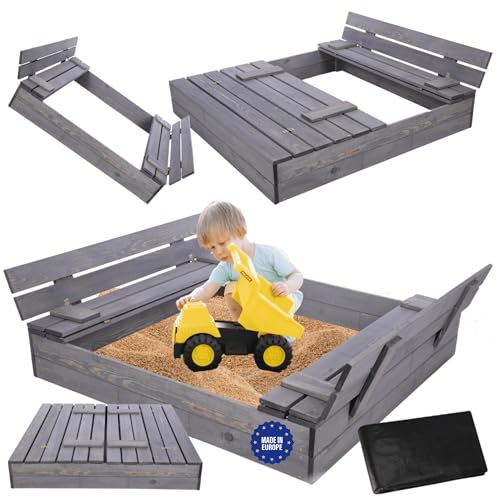 MODO24 Sandkasten mit Deckel und Sitzbänken, Holzsandkasten, Gartenspielzeug für Kinder, Sandkasten für Garten, Outdoor Sandkasten mit Bänken, Abmessungen 120x117 cm, Farbe: Grau (imprägniert) von MODO24