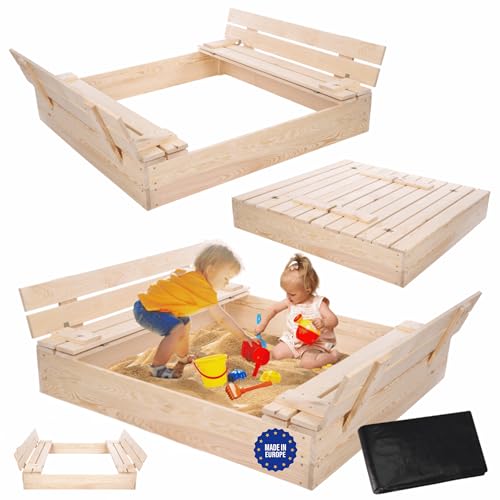 MODO24 Sandkasten mit Deckel und Sitzbänken, Holzsandkasten, Gartenspielzeug für Kinder, Sandkasten für Garten, Outdoor Sandkasten mit Bänken, Abmessungen 120x117 cm, Farbe: Naturholz (unbehandelt) MODO24 Sandkasten mit Deckel und Sitzbänken, Holzsandkasten, Gartenspielzeug für Kinder, Sandkasten für Garten, Outdoor Sandkasten mit Bänken, Abmessungen 120x117 cm, Farbe: Naturholz (unbehandelt) von MODO24