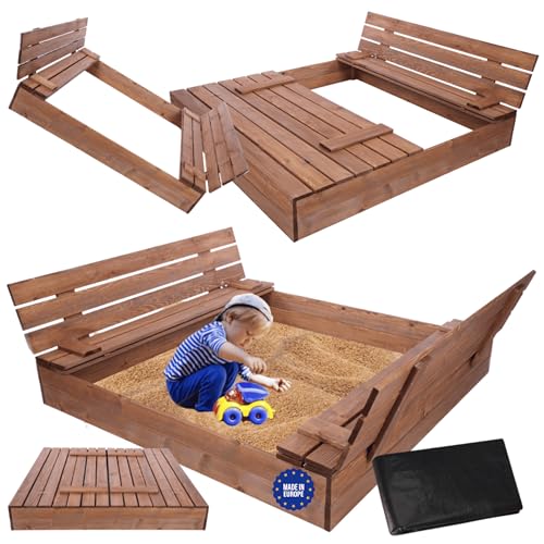 MODO24 Sandkasten mit Deckel und Sitzbänken, Holzsandkasten, Gartenspielzeug für Kinder, Sandkasten für Garten, Outdoor Sandkasten mit Bänken, Abmessungen 140x137 cm, Farbe: Braun (imprägniert) von MODO24
