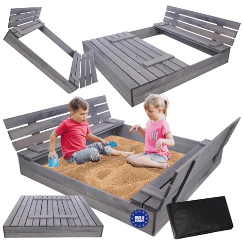MODO24 Sandkasten mit Deckel und Sitzbänken, Holzsandkasten, Gartenspielzeug für Kinder, Sandkasten für Garten, Outdoor Sandkasten mit Bänken, Abmessungen 140x137 cm, Farbe: Grau (imprägniert) von MODO24