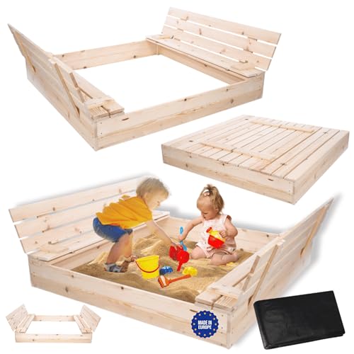 MODO24 Sandkasten mit Deckel und Sitzbänken, Holzsandkasten, Gartenspielzeug für Kinder, Sandkasten für Garten, Outdoor Sandkasten mit Bänken, Abmessungen 140x137 cm, Farbe: Naturholz (unbehandelt) MODO24 Sandkasten mit Deckel und Sitzbänken, Holzsandkasten, Gartenspielzeug für Kinder, Sandkasten für Garten, Outdoor Sandkasten mit Bänken, Abmessungen 140x137 cm, Farbe: Naturholz (unbehandelt) von MODO24