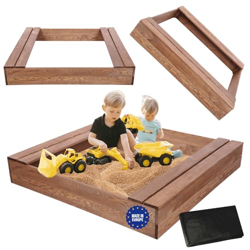 MODO24 Sandkasten mit Sitzbänken, Holzsandkasten, Gartenspielzeug für Kinder, Sandkasten für Garten, Outdoor Sandkasten mit Bänken, Abmessungen 120x117 cm, Farbe: Braun (imprägniert) von MODO24