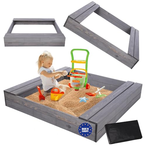 MODO24 Sandkasten mit Sitzbänken, Holzsandkasten, Gartenspielzeug für Kinder, Sandkasten für Garten, Outdoor Sandkasten mit Bänken, Abmessungen 120x117 cm, Farbe: Grau (imprägniert) von MODO24
