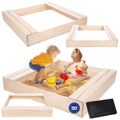 MODO24 Sandkasten mit Sitzbänken, Holzsandkasten, Gartenspielzeug für Kinder, Sandkasten für Garten, Outdoor Sandkasten mit Bänken, Abmessungen 120x117 cm, Farbe: Naturholz (imprägniert) von MODO24