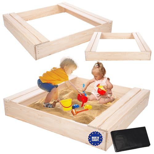MODO24 Sandkasten mit Sitzbänken, Holzsandkasten, Gartenspielzeug für Kinder, Sandkasten für Garten, Outdoor Sandkasten mit Bänken, Abmessungen 120x117 cm, Farbe: Naturholz (unbehandelt) von MODO24