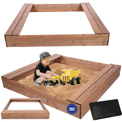 MODO24 Sandkasten mit Sitzbänken, Holzsandkasten, Gartenspielzeug für Kinder, Sandkasten für Garten, Outdoor Sandkasten mit Bänken, Abmessungen 140x137 cm, Farbe: Braun (imprägniert) von MODO24
