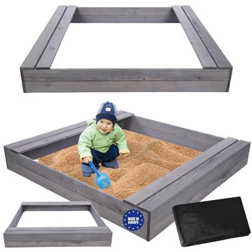 MODO24 Sandkasten mit Sitzbänken, Holzsandkasten, Gartenspielzeug für Kinder, Sandkasten für Garten, Outdoor Sandkasten mit Bänken, Abmessungen 140x137 cm, Farbe: Grau (imprägniert) von MODO24