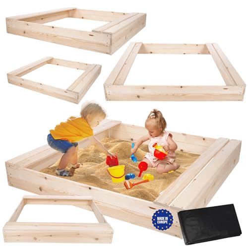 MODO24 Sandkasten mit Sitzbänken, Holzsandkasten, Gartenspielzeug für Kinder, Sandkasten für Garten, Outdoor Sandkasten mit Bänken, Abmessungen 140x137 cm, Farbe: Naturholz (imprägniert) von MODO24