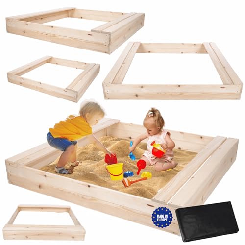 MODO24 Sandkasten mit Sitzbänken, Holzsandkasten, Gartenspielzeug für Kinder, Sandkasten für Garten, Outdoor Sandkasten mit Bänken, Abmessungen 140x137 cm, Farbe: Naturholz (unbehandelt) von MODO24