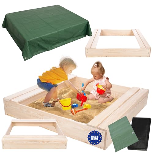 MODO24 Sandkasten mit Sitzbänken und Schutzplane, Holzsandkasten, Gartenspielzeug für Kinder, Sandkasten für Garten, Outdoor Sandkasten, Abmessungen 120x117 cm, Farbe: Naturholz (imprägniert) von MODO24