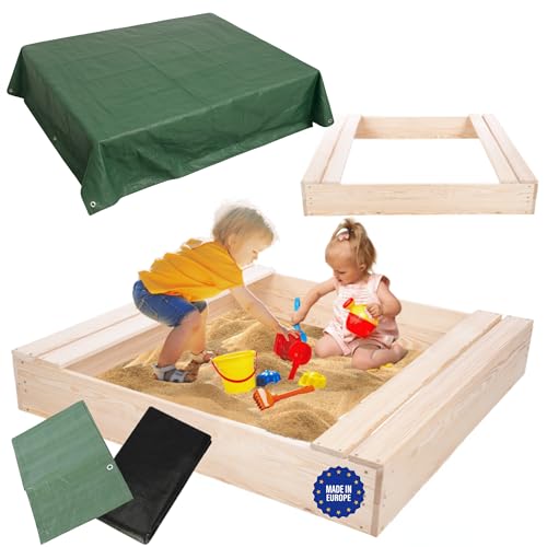 MODO24 Sandkasten mit Sitzbänken und Schutzplane, Holzsandkasten, Gartenspielzeug für Kinder, Sandkasten für Garten, Outdoor Sandkasten, Abmessungen 120x117 cm, Farbe: Naturholz (unbehandelt) von MODO24