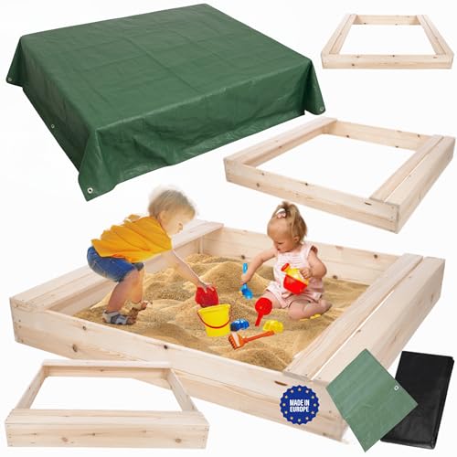 MODO24 Sandkasten mit Sitzbänken und Schutzplane, Holzsandkasten, Gartenspielzeug für Kinder, Sandkasten für Garten, Outdoor Sandkasten, Abmessungen 140x137 cm, Farbe: Naturholz (imprägniert) von MODO24
