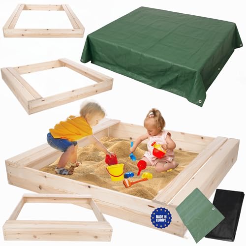MODO24 Sandkasten mit Sitzbänken und Schutzplane, Holzsandkasten, Gartenspielzeug für Kinder, Sandkasten für Garten, Outdoor Sandkasten, Abmessungen 140x137 cm, Farbe: Naturholz (unbehandelt) von MODO24