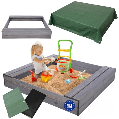 MODO24 Sandkasten mit Sitzbänken und Schutzplane, Holzsandkasten, Gartenspielzeug für Kinder, Sandkasten für Garten, Outdoor Sandkasten mit Bänken, Abmessungen 120x117 cm, Farbe: Grau (imprägniert) MODO24 Sandkasten mit Sitzbänken und Schutzplane, Holzsandkasten, Gartenspielzeug für Kinder, Sandkasten für Garten, Outdoor Sandkasten mit Bänken, Abmessungen 120x117 cm, Farbe: Grau (imprägniert) von MODO24