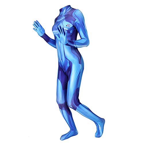 MODRYER Samus Zero Cosplay Kostüm Frauen Mädchen Met-roid Samus Return Jumpsuit Body Halloween Rollenspiel Fans Onesies Bekleidung für Erwachsene und Kinder,Blue-Kids/M 125~135cm von MODRYER