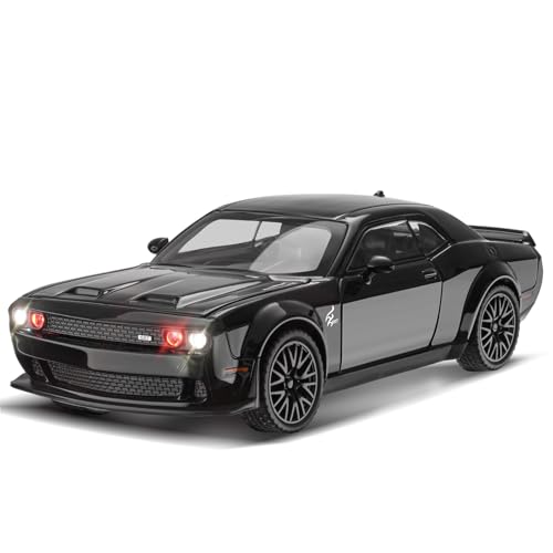 MODVKVK Dodge Challenger 1:32 Modellauto, Spielzeugautos aus Druckgussmetall, Hellcat-Spielzeugauto mit Ton und Licht, Hellcat Auto mit Rückziehfunktion für Kinder ab 3 Jahren und Autosammler(Schwarz) von MODVKVK