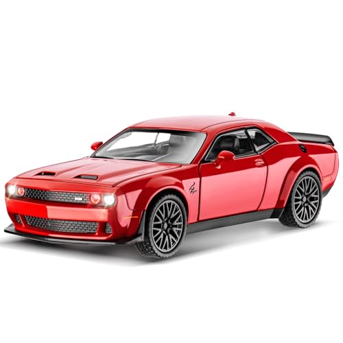 MODVKVK Dodge Challenger 1:32 Modellauto, Spielzeugautos aus Druckgussmetall, Hellcat-Spielzeugauto mit Ton und Licht, Hellcat Auto mit Rückziehfunktion für Kinder ab 3 Jahren und Autosammler (Rot) von MODVKVK