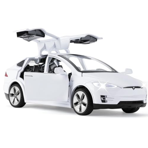 MODVKVK Tesla Model X 1:32 Modellauto, Spielzeugauto mit Licht & Musik, Zurückziehfunktion, Legierungsdruckguss, Ideal für Kinder ab 3 Jahren & Sammler (Weiß) von MODVKVK