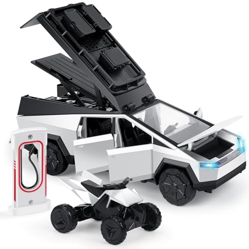 MODVKVK Tesla Cybertruck 1:24 Modellauto mit Motorrad und Ladestation, Mehrstöckiges Camping-Display, Spielzeugauto Trucks mit Licht & Musik, Zurückziehfunktion, Tolles Kinder ab 3 Jahren (Silber) von MODVKVK