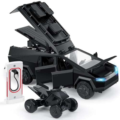 MODVKVK Tesla Cybertruck 1:24 Modellauto mit Motorrad und Ladestation, Mehrstöckiges Camping-Display, Spielzeugauto Trucks mit Licht & Musik, Zurückziehfunktion, Tolles Kinder ab 3 Jahren (Schwarz) von MODVKVK