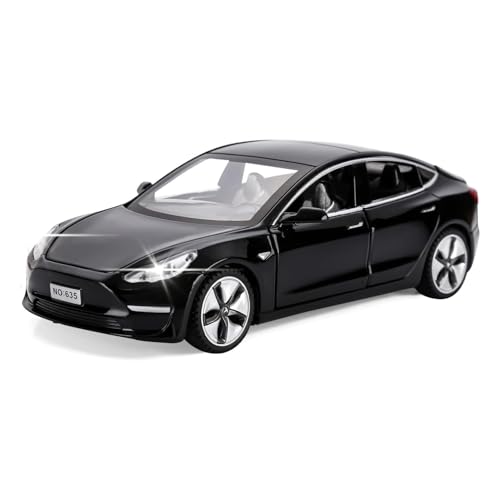 MODVKVK Tesla Model 3 1:32 Modellauto, Spielzeugauto mit Licht & Musik, Zurückziehfunktion, Legierungsdruckguss, Ideal für Kinder ab 3 Jahren & Sammler (Schwarz) von MODVKVK