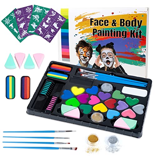 Kinderschminke Set, 20 Farben Gesichts- und Körperfarben auf Wasserbasis, Halloween 32 Schablonen 2 Haarkreiden 2 Glitzer 4 Schwämme und 4 Pinsel Bodypainting Mädchen Face Paint von MOEMOE BABY