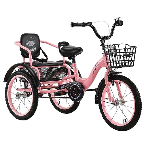 MOFGOE Kinder-Dreirad-Pedalfahrrad, Kleinkind-Doppeldreirad mit Beifahrersitz, 16 Zoll mit Einkaufskorb und Rücksitz, Rahmen aus Kohlenstoffstahl, als Geschenk für Jungen und,Rosa von MOFGOE