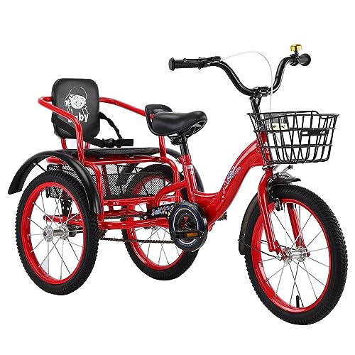 MOFGOE Kinder-Dreirad-Pedalfahrrad, Kleinkind-Doppeldreirad mit Beifahrersitz, 16 Zoll mit Einkaufskorb und Rücksitz, Rahmen aus Kohlenstoffstahl, als Geschenk für Jungen und,Rot von MOFGOE
