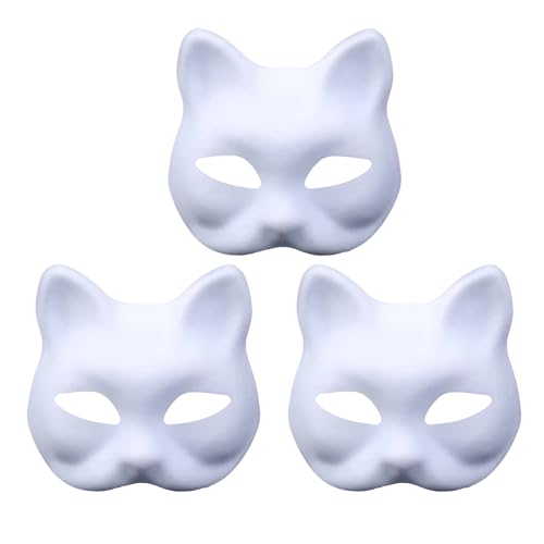3 x weiße Papiermaske, Katzengesicht, Anime-Cosplay-Maske, Anime-Halbgesichtsmaske für selbstgemachte bemalte Masken, handbemalte Masken, geeignet für Karneval, Maskerade, Halloween (3er-Pack) von MOFIC