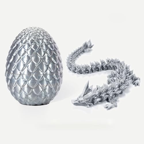 3D Gedruckter Drachen im Ei, Voller Gelenkdrache Kristalldrache mit Drachenei, Home Office Dekor Executive Desk Toys, Erwachsene Fidget Spielzeug für Autismus/ADHS (Silber) von MOFIC