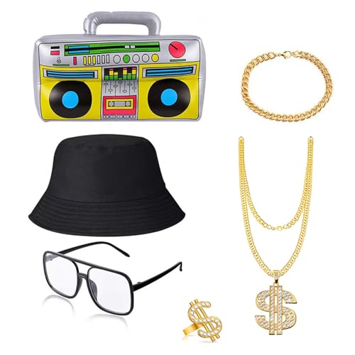 MOIDHSAG 80er 90er Rapper Kostüm Zubehör Radio Brille Halskette 80er 90er Jahre Kostüm Set Eimer Hut für Halloween Party MOIDHSAG 80er 90er Rapper Kostüm Zubehör Radio Brille Halskette 80er 90er Jahre Kostüm Set Eimer Hut für Halloween Party von MOIDHSAG