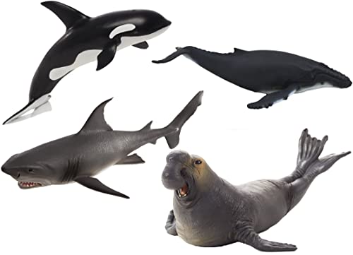 MOJO 4er Pack Tierfiguren der Meereswelt Deluxe Größe I (Inhalt: 1 Buckelwal, 1 Meereselefant, 1 großer Orca und 1 großer weißer Hai) von MOJO