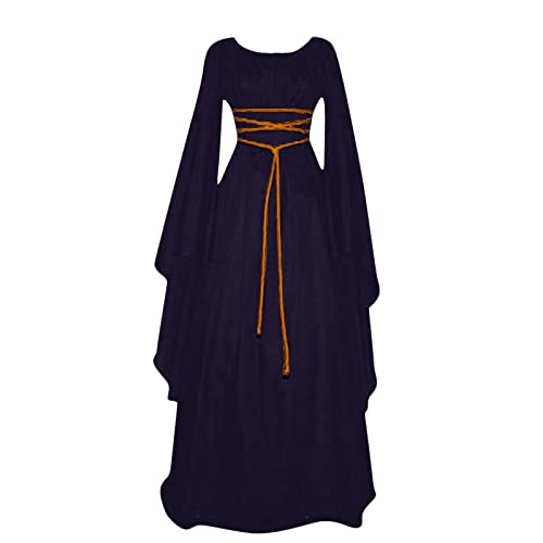 Langarm Hippie Kostüm Damen Kleid Halloween Mittelalter Kleidung Damen Mittelalter Vintage Hexen Kleid Fasching Kostüm VampirKostüm Woman Dress Halloween Erwachsene Marine L von MOKBAY