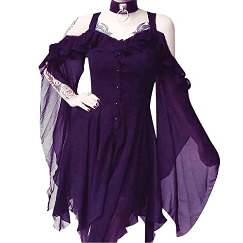 MOKBAY Damen Halloween Kostüm Erwachsene Gothic Fasching Kleider Hexe Fledermaus Kostüm Damen Off Shoulder Große Größen Sexy Frauen Punk Devil Costume Women Halloween Party Rock Lila S von MOKBAY