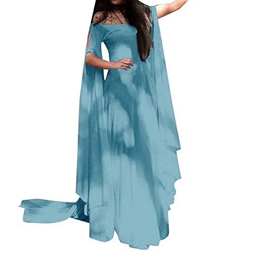 MOKBAY Halloween Fee Kostüm Damen Cosplay Kleid Fasching Kostüm Langarm Fairy Dress Herbst Winter Cosplay Feen Kostüm Damen Märchen Women Costume Renaissance Kleid Große Größen Hellblau L von MOKBAY