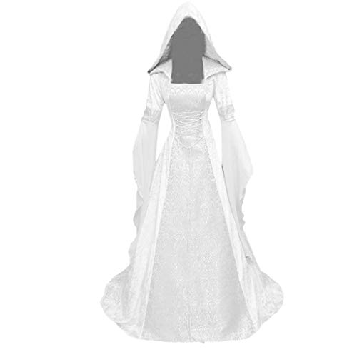 MOKBAY Halloween Kostüm Damen Mit Kapuze Kleid Retro Halloween Mittelalter Kleidung Damen Renaissance FüR Cosplay Halloween Karneval Gothic Vintage Kleidung Damen Hexenumhang Weiß XL von MOKBAY