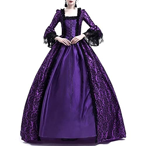 MOKBAY Halloween Kostüm Kleid Erwachsene Mittelalter Elegantes für Cosplay Karneval Halloween Kostüm Damen Große Größen Langarm Square Neck Hexe Vintage Costume Vampir Women Dress Lila 5XL von MOKBAY