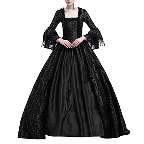 MOKBAY Halloween Kostüm Kleid Erwachsene Mittelalter Elegantes für Cosplay Karneval Halloween Kostüm Damen Große Größen Langarm Square Neck Hexe Vintage Costume Vampir Women Dress Schwarz S von MOKBAY