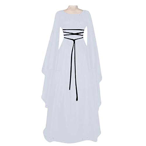 MOKBAY Hippie Kostüm Damen Kleid Langarm Halloween Mittelalter Kleidung Damen Longsleeve Vintage Hexen Kleid Fasching Kostüm VampirKostüm Woman Dress Halloween Erwachsene Weiß S von MOKBAY