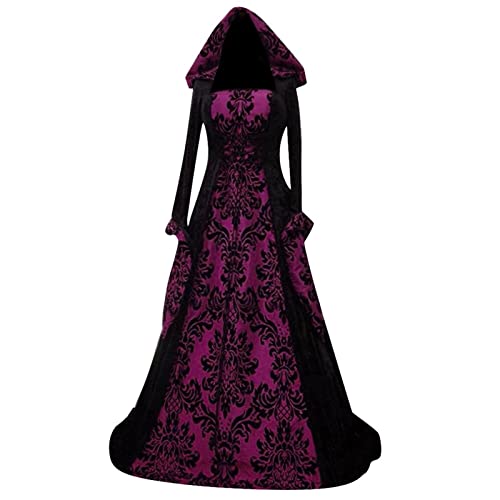 MOKBAY Langarm Damen Kleid Mit Kapuze Gothic Halloween BöSe KöNigin Kostüm Mittelalter Kleidung Damen Vintage Royal Retro Halloween Kostüm Woman Cosplay Geisterbraut Lila M von MOKBAY