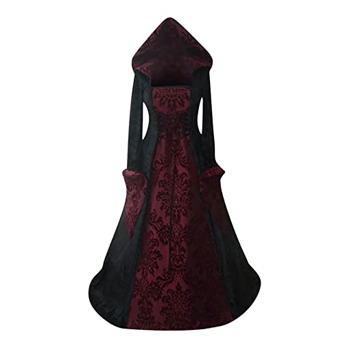 MOKBAY Langarm Damen Kleid Mit Kapuze Gothic Halloween BöSe KöNigin Kostüm Mittelalter Kleidung Damen Vintage Royal Retro Halloween Kostüm Woman Cosplay Geisterbraut Rot 5XL von MOKBAY